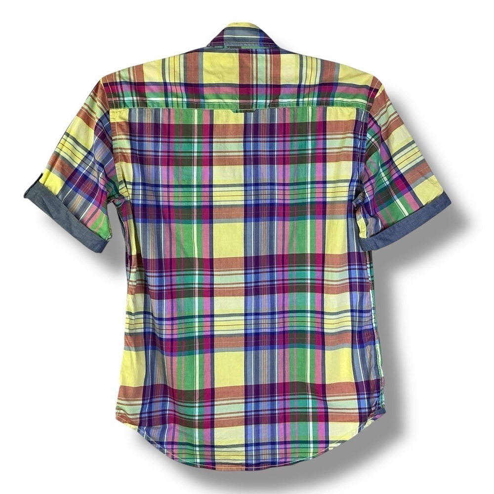 E B Company Vintage Button Down Collar Shirt Madras Plaid Blue Green Men Medium - Picture 3 of 16